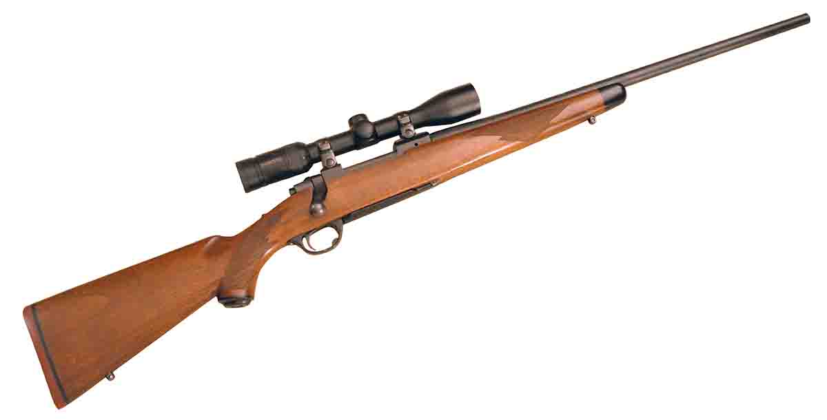 The rechambered semi-custom Ruger 77 weighs under 8 pounds with a scope and four .284 rounds in the magazine.